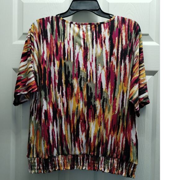 Adrienne Vittadini Size Small Multicolor Abstract V-Neck Shirred Waist Blouse - Picture 3 of 6